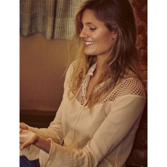 Free People On The Island Crochet Neckline Yoke Blouse Size XS - Picture 2 of 8